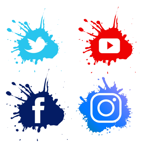 Colorful Splash Social Media Icons   Twitter, YouTube, Facebook, Instagram