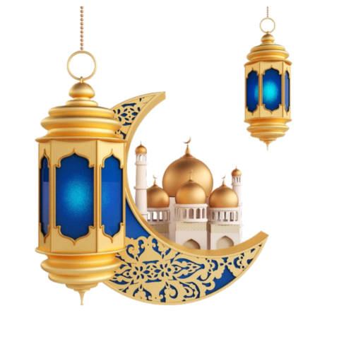 Golden Ramadan Lantern with Mosque and Crescent Moon